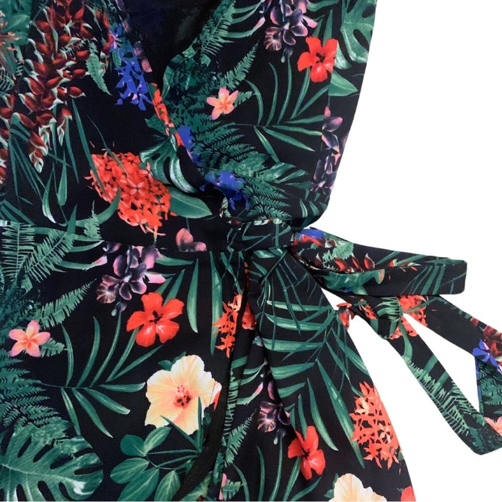 Black Dark Floral Print Wrap Long Maxi Dress Sleeveless Beach Tropical Getaway - Picture 2 of 15